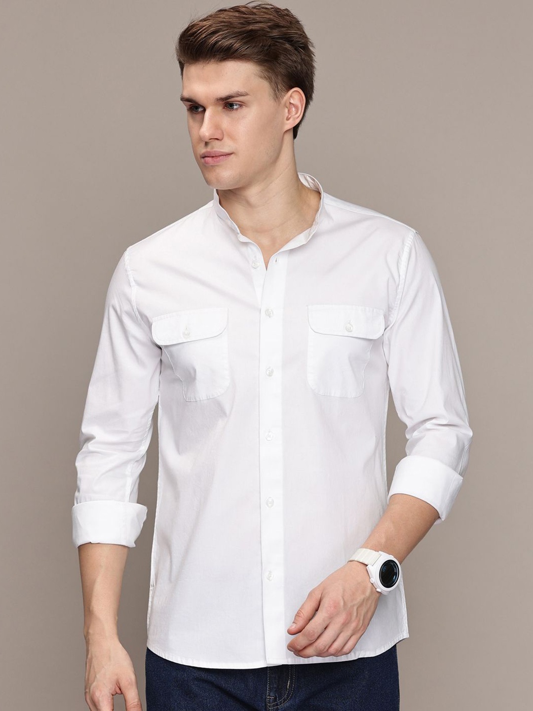 

French Connection Men Premium Mandarin Collar Solid Cotton Slim Fit Casual Shirt, White