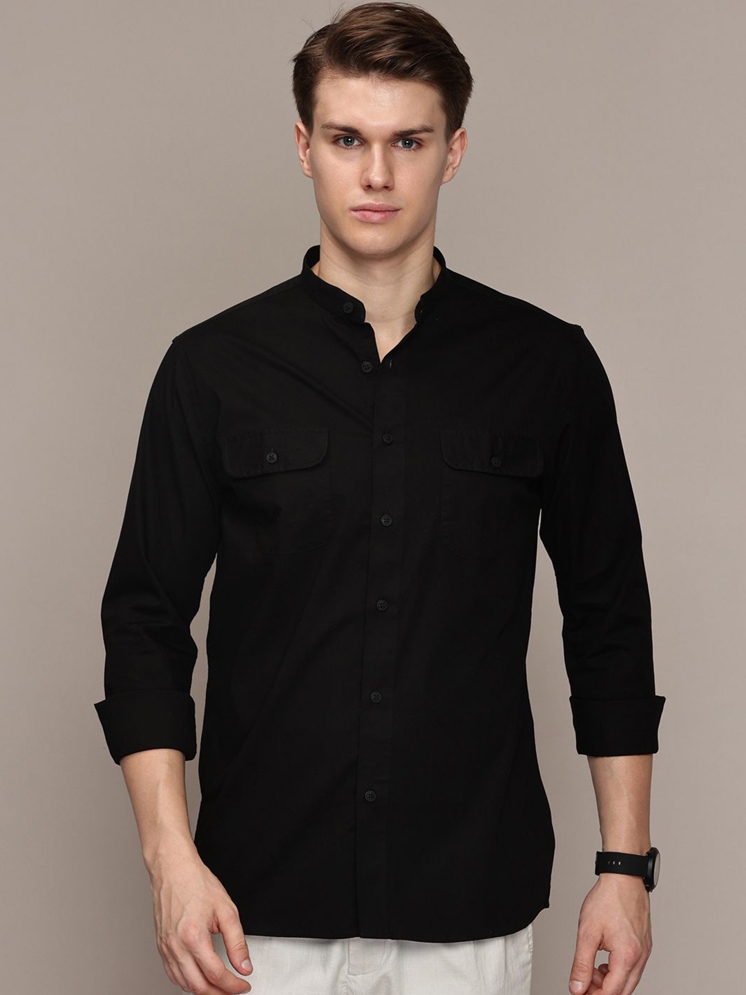 

French Connection Men Premium Band Collar Solid Cotton Slim Fit Casual Shirt, Black