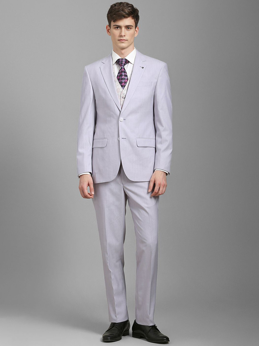 

Louis Philippe Self Design Slim-Fit Single-Breasted Three-Piece Formal Suit, Grey