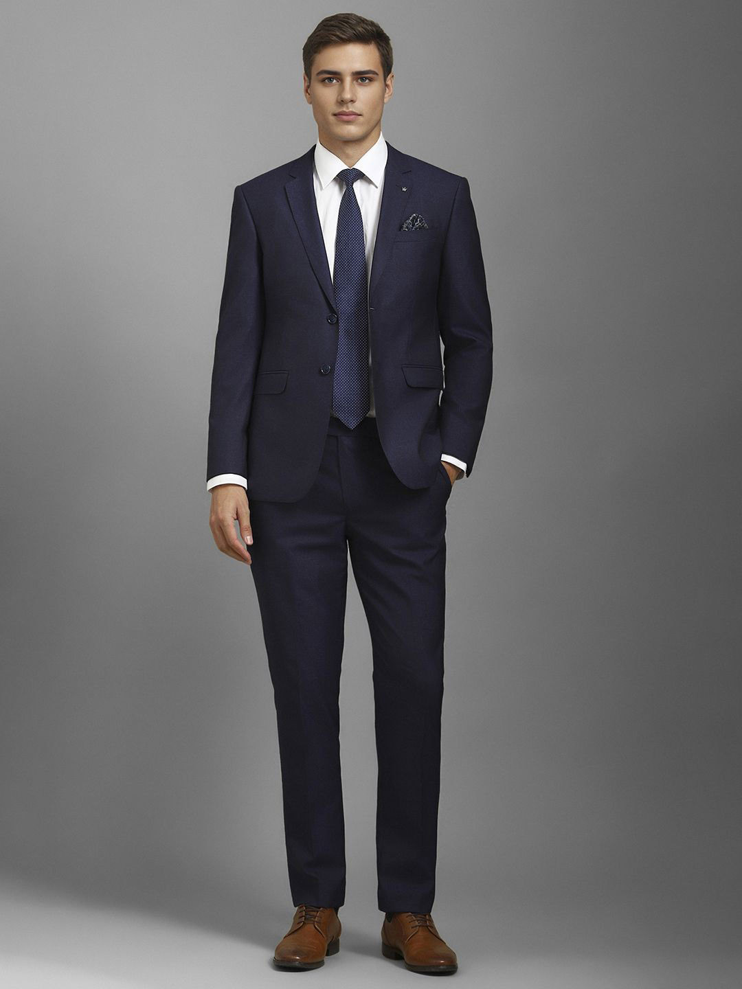 

Louis Philippe Men Slim Fit Textured Single-Breasted Two Piece Suit, Navy blue