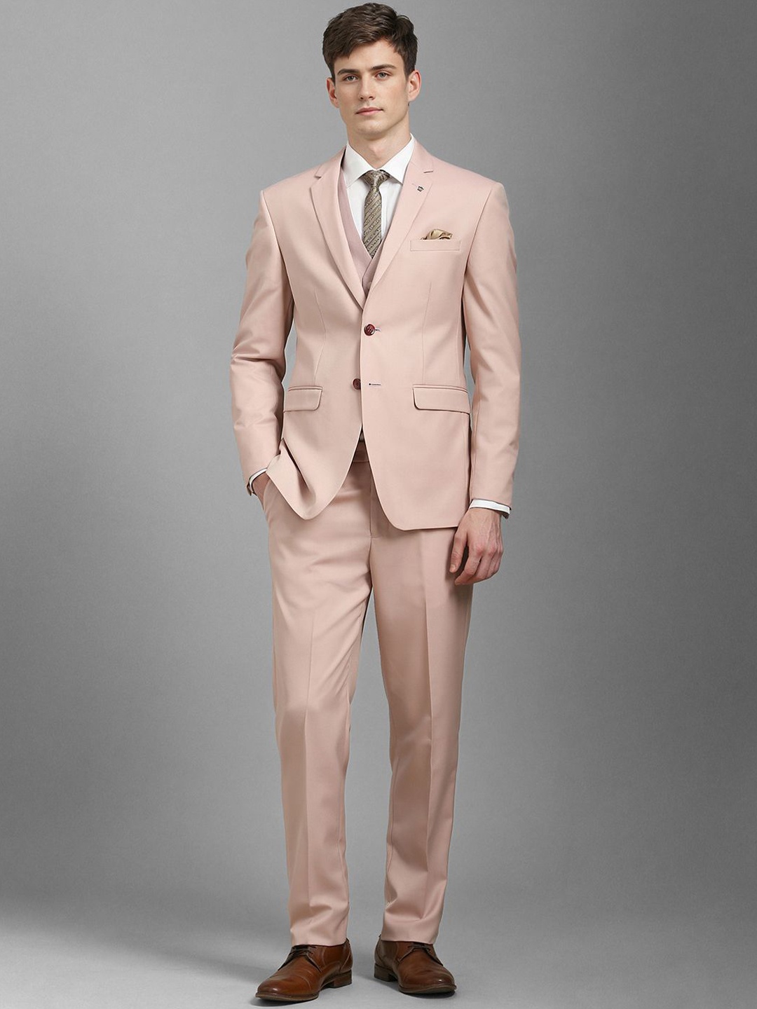 

Louis Philippe Men Slim-Fit Single-Breasted Three-Piece Formal Suit, Peach