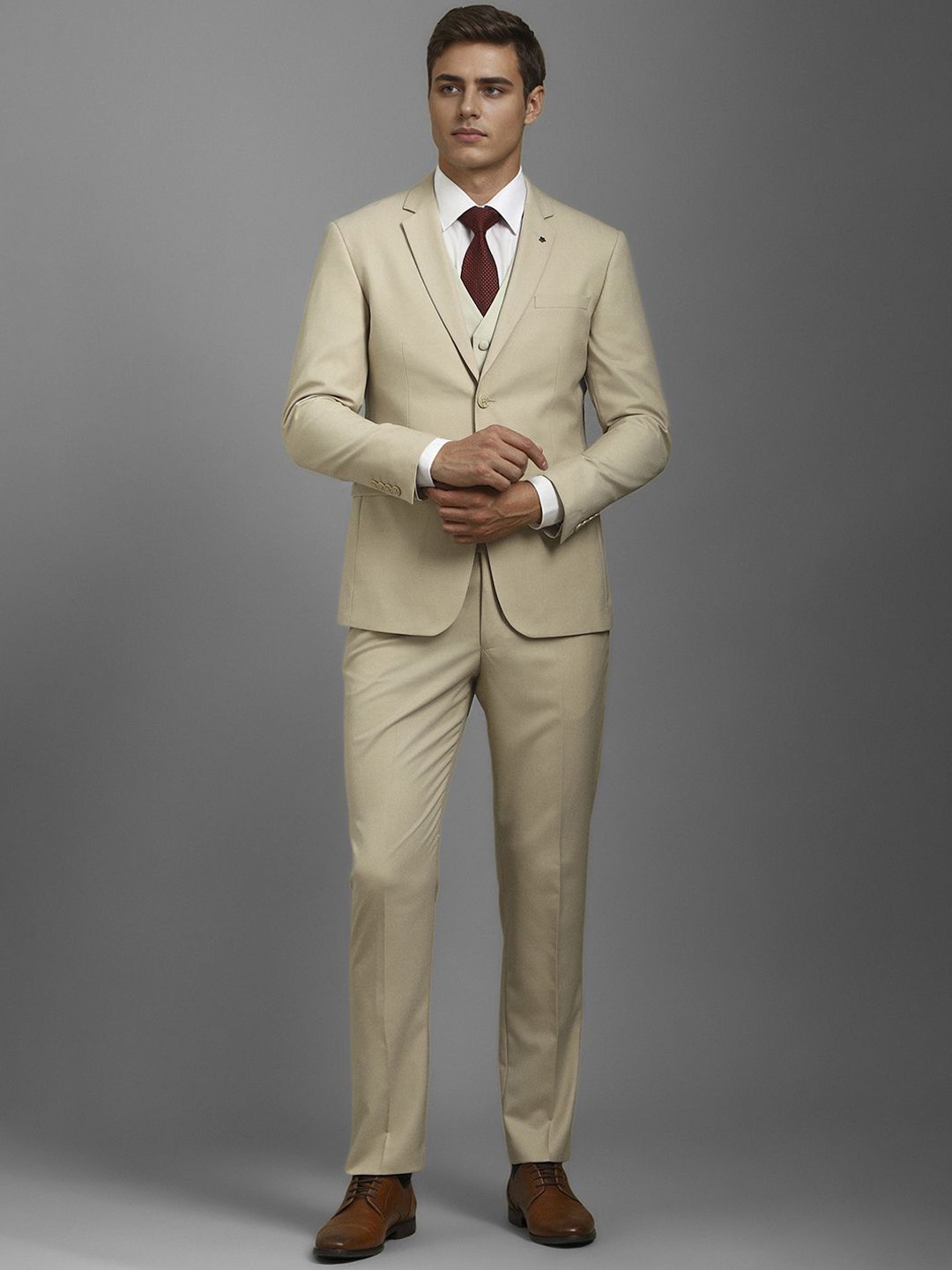 Louis Philippe Men Self Design Textured Slim Fit Formal Three Piece Suit, Beige