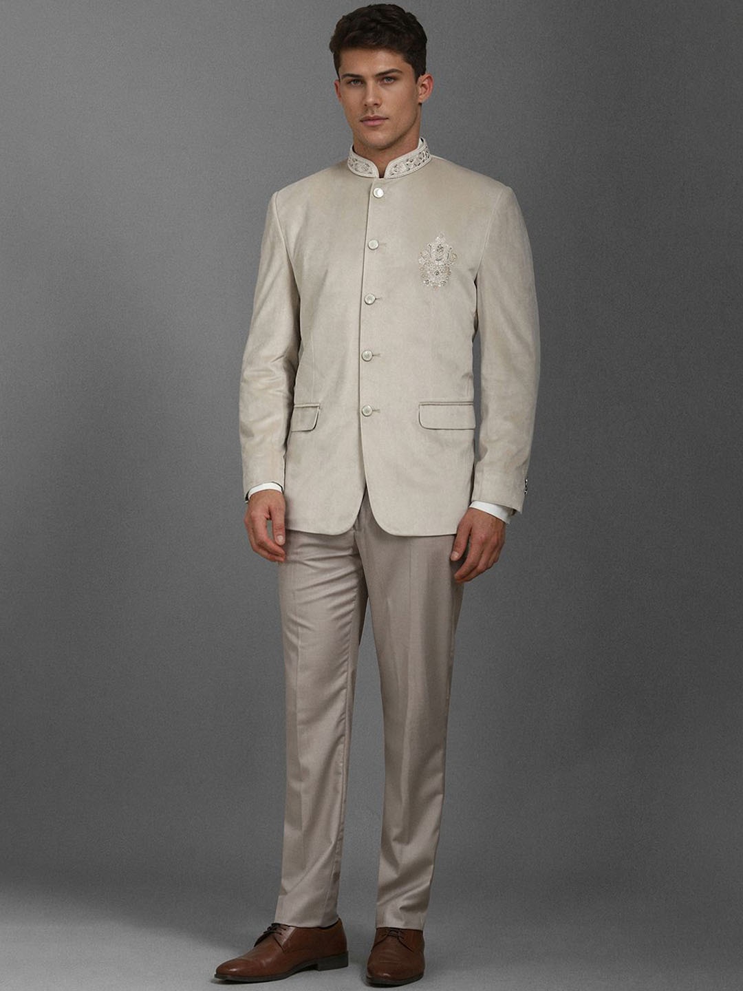 Louis Philippe Men Embellished Mandarin Collar Two Piece Suit, Grey