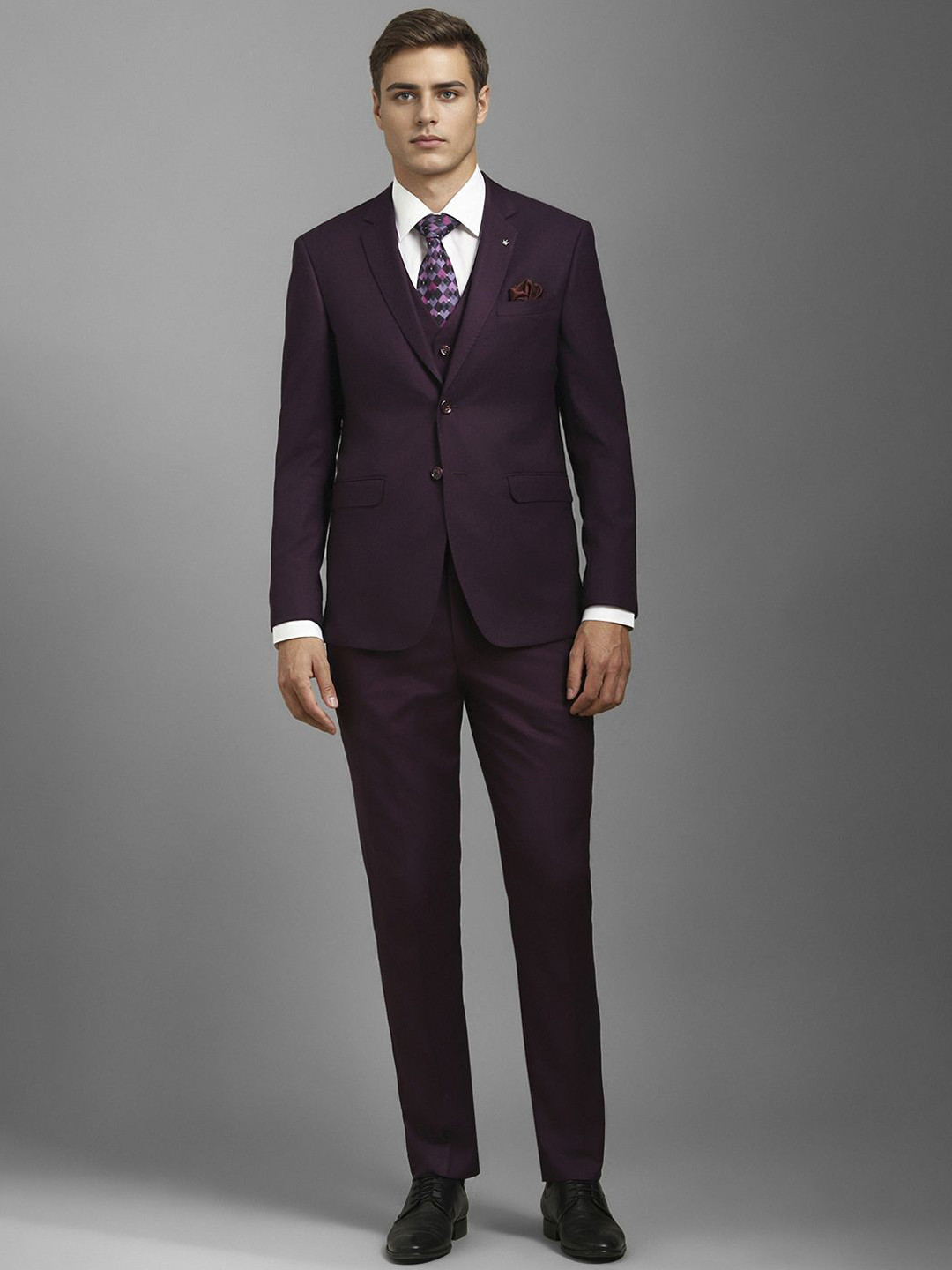 

Louis Philippe Men Textured 3-Pc Slim Fit Notched Lapel Collar Single Breasted Suit, Purple
