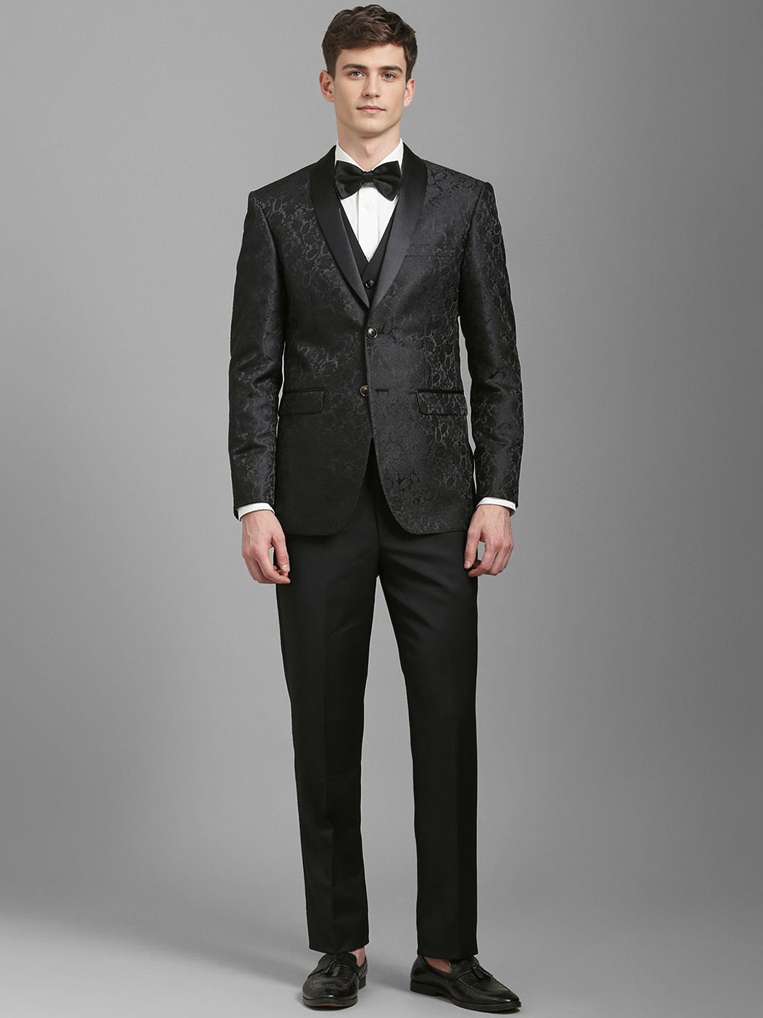 Louis Philippe 3-Pc Printed Slim Fit Single Breasted Suit, Black
