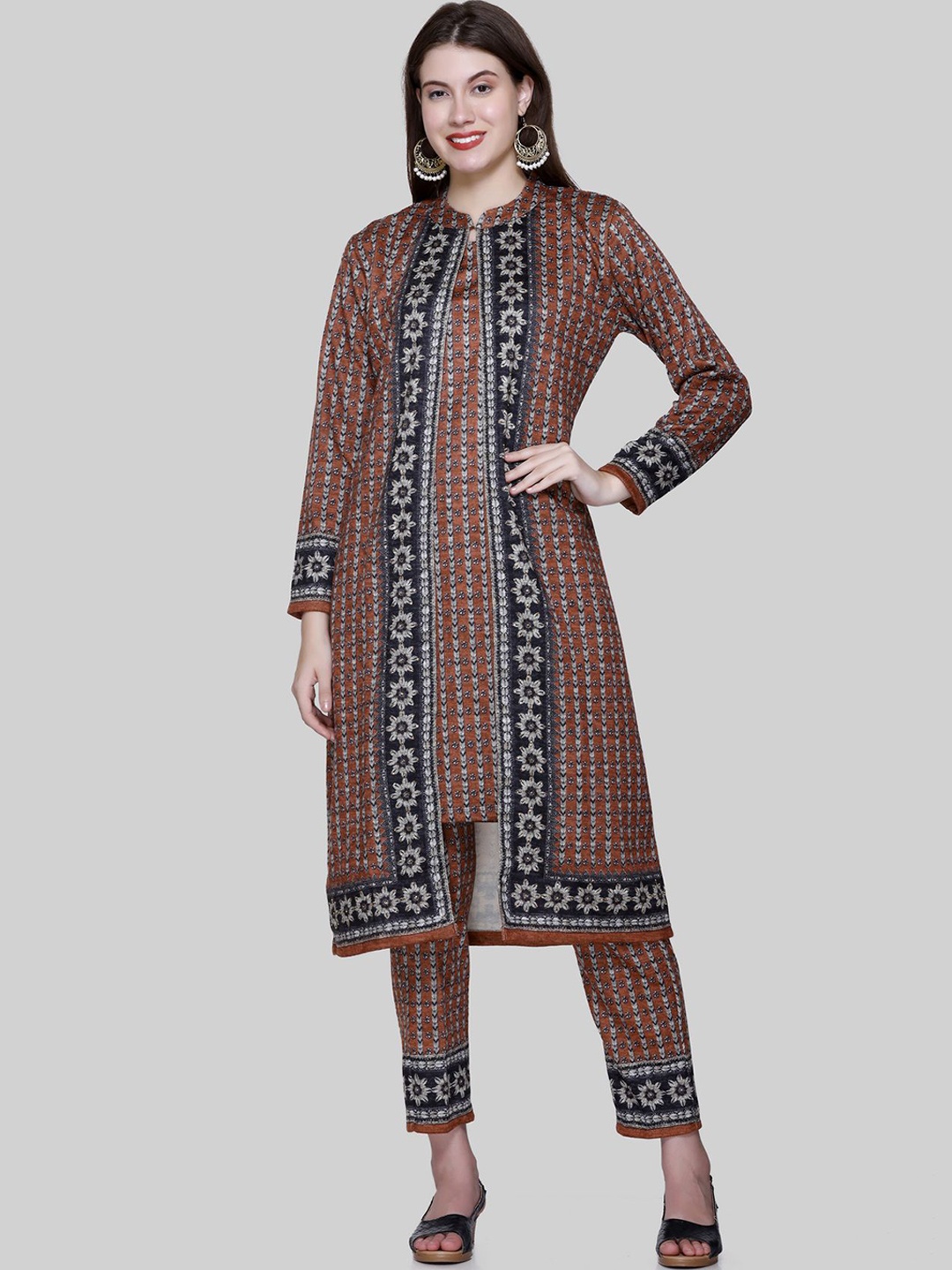 

Pampara Floral Printed Round Neck Sleeveless Regular Straight Kurta With Trouser & jacket, Brown