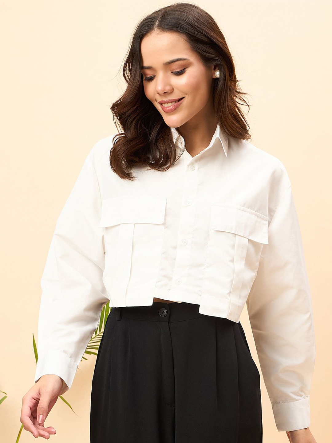 

JUNE & HARRY Women Relaxed Spread Collar Solid Relaxed Fit Party Shirt, White