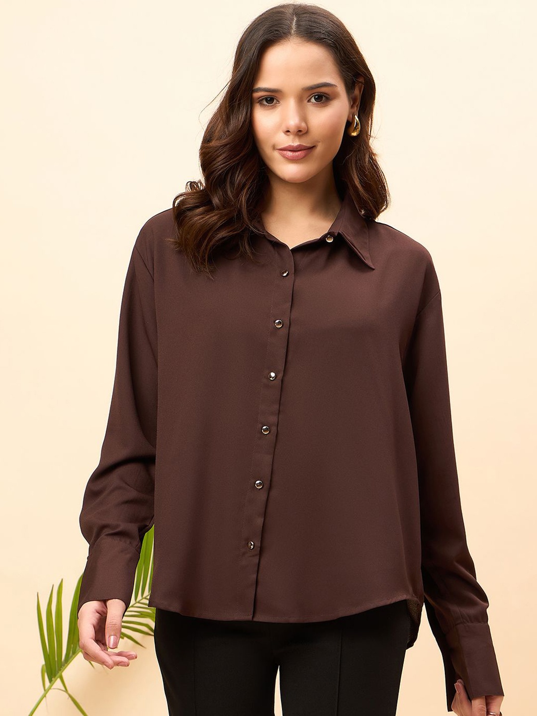 

JUNE & HARRY Women Relaxed Spread Collar Solid Relaxed Fit Party Shirt, Brown