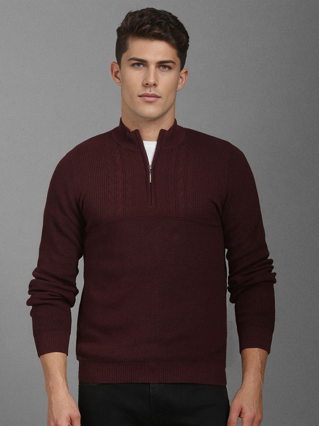 

Louis Philippe Jeans Men Cotton Cable Knit Pullover Sweater, Maroon