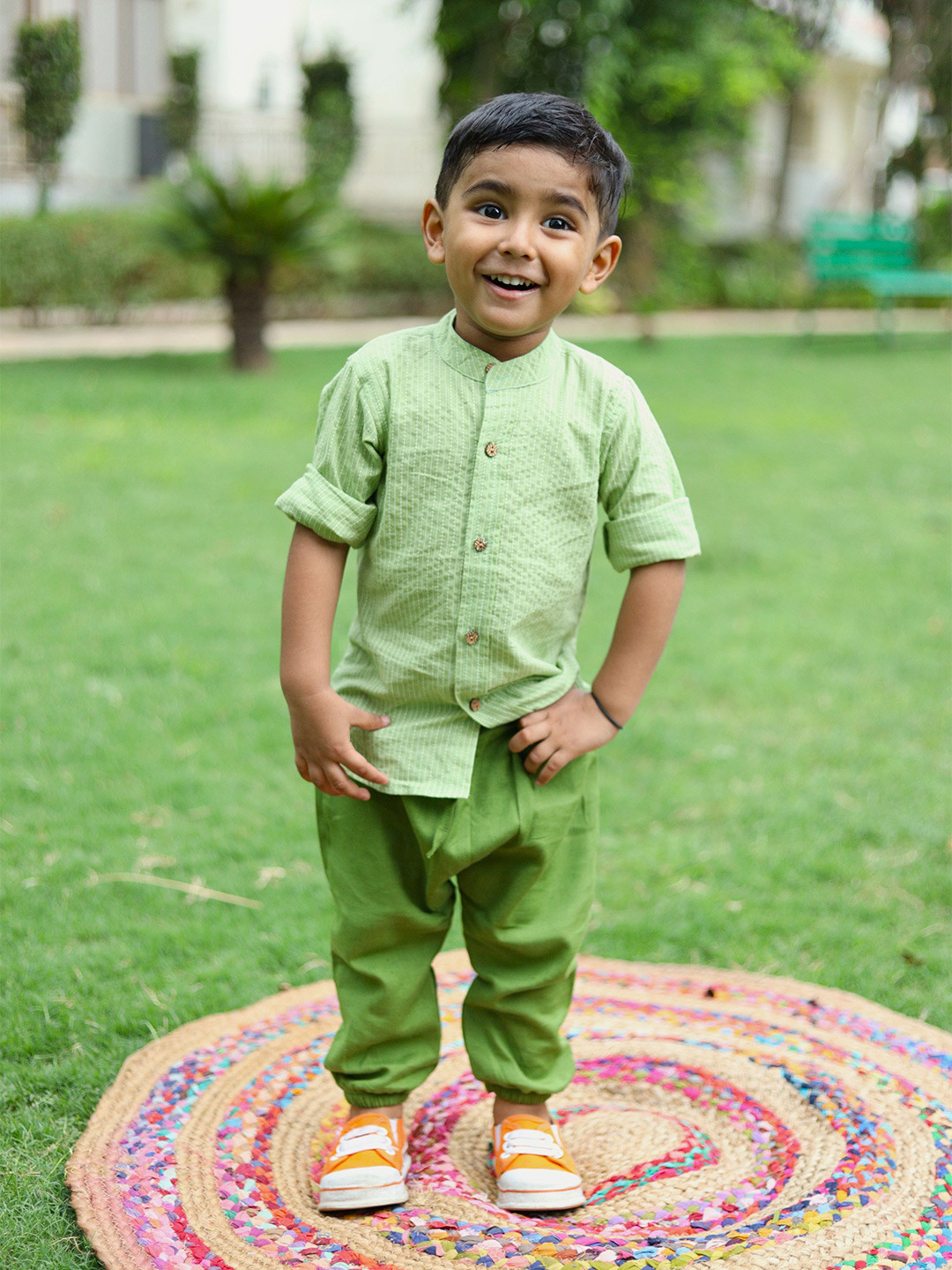 

Peekaaboo Kids Boys Mandarin Collar Solid Cotton Casual Shirt, Green
