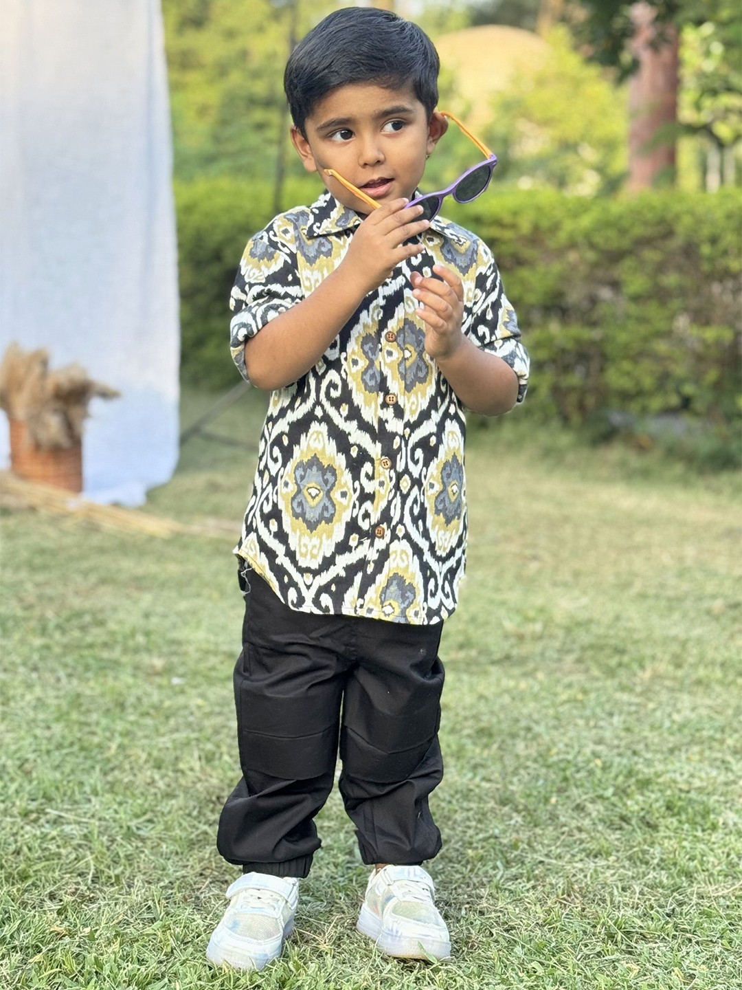Peekaaboo Kids Boys Spread Collar Abstract Printed Cotton Oversized Casual Shirt, Black