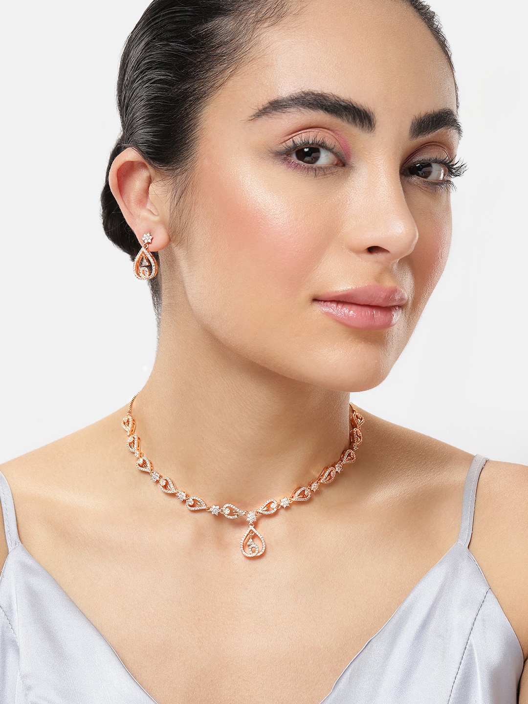 

MEIRA JEWELLERY Rose Gold Plated American Diamond-Studded Jewellery Set