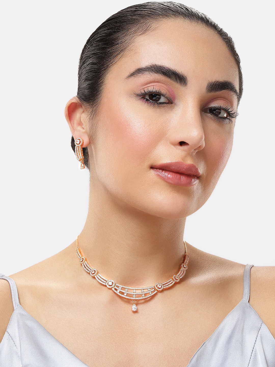 

MEIRA JEWELLERY Rose Gold Plated American Diamond-Studded Jewellery Set