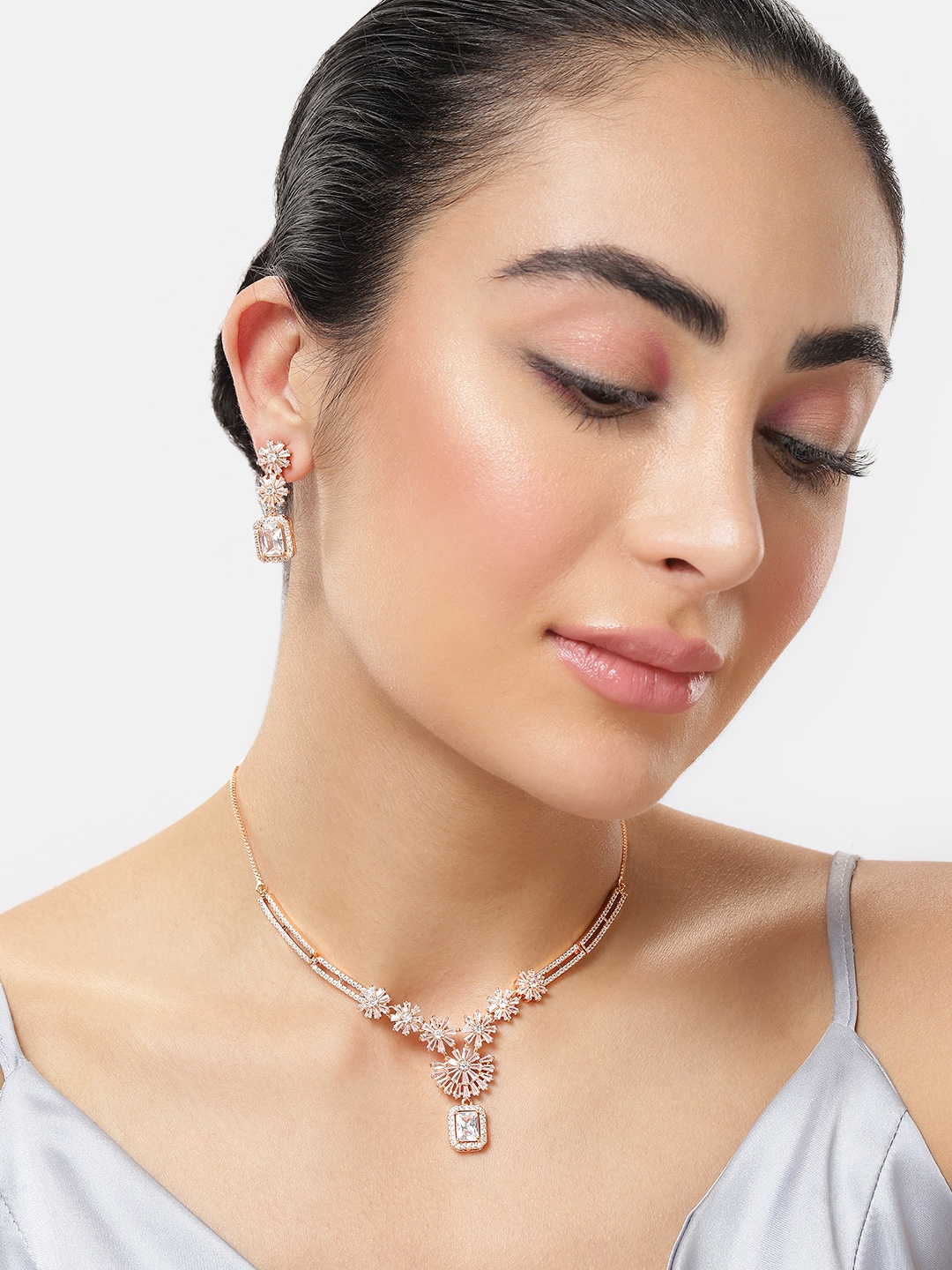 

MEIRA JEWELLERY Rose Gold Plated American Diamond-Studded Jewellery Set