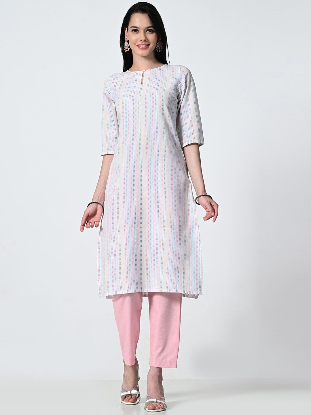 

AMBI Striped Keyhole Neck Straight Kurta, White