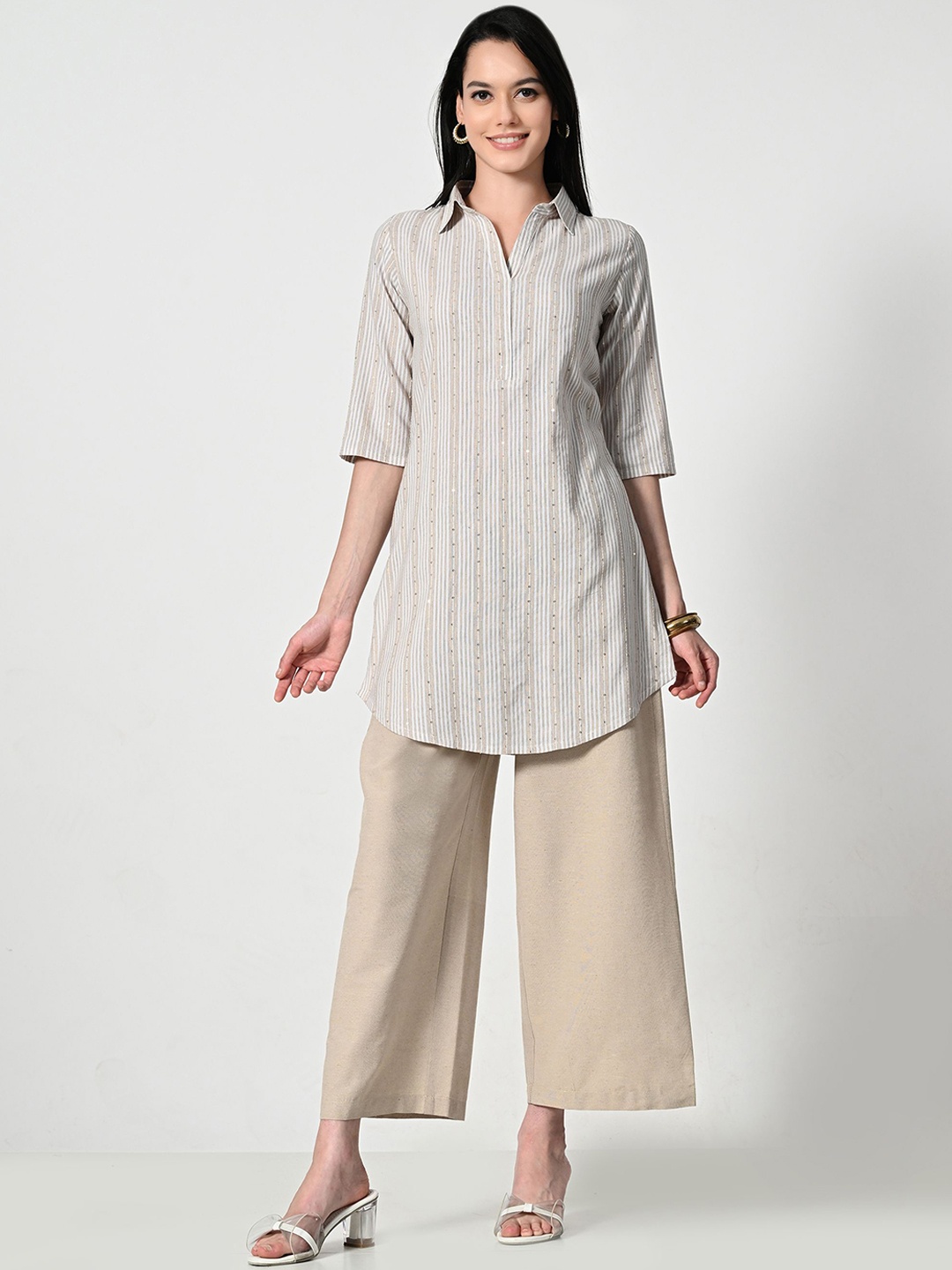 

AMBI Striped Shirt Collar A-Line Kurta, White