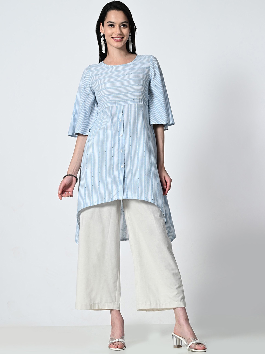 

AMBI Striped Round Neck Bell Sleeves A-Line Kurta, Blue