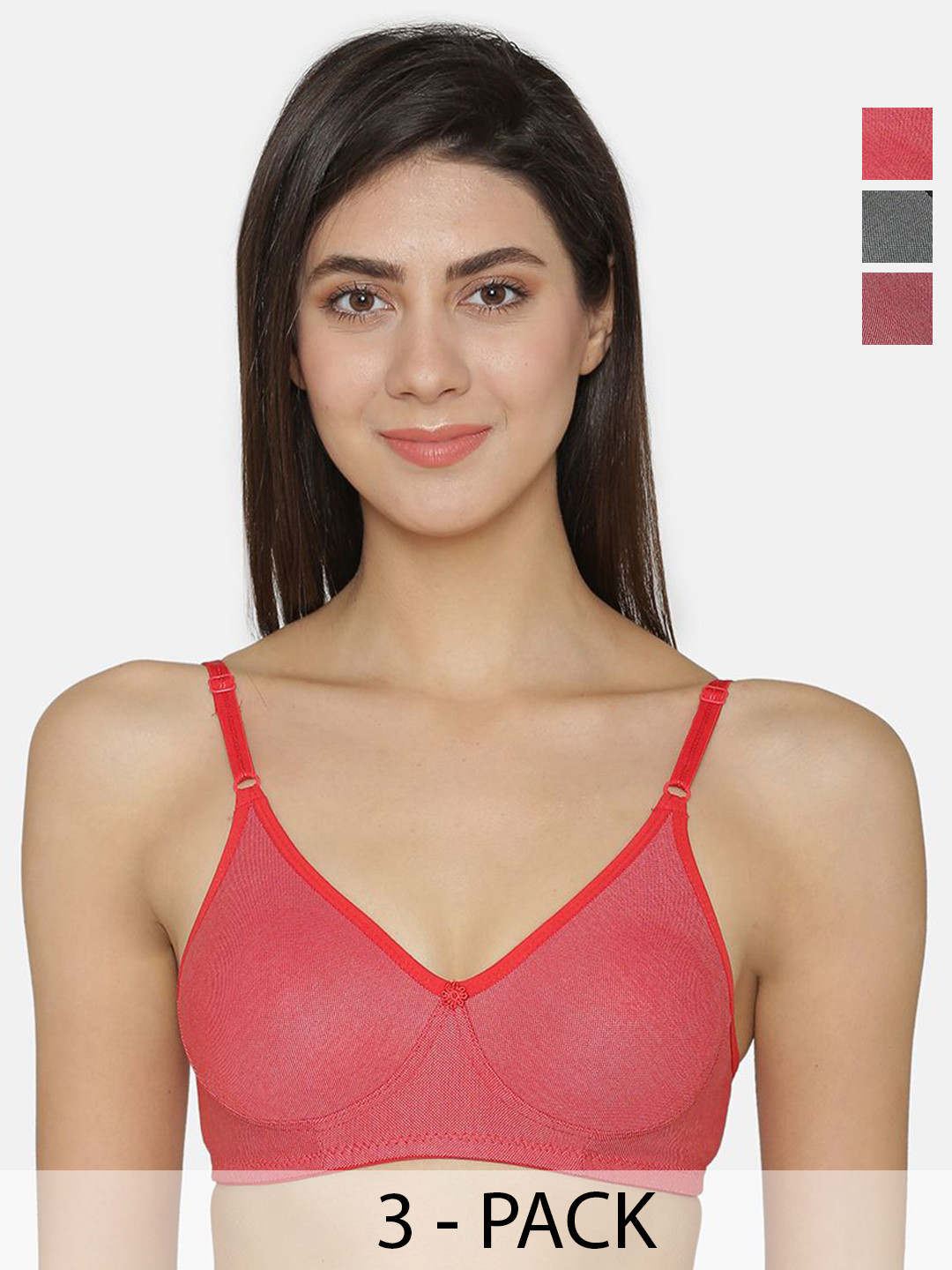 

DressBerry Women Pack of 3 Non Padded Half Coverage T-shirt Bra, Red