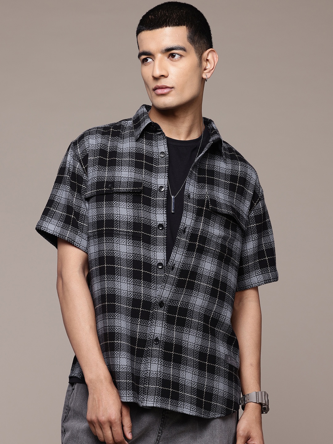 

The Roadster Lifestyle Co. Comfort Checked Pure Cotton Relaxed Fit Casual Shirt, Black