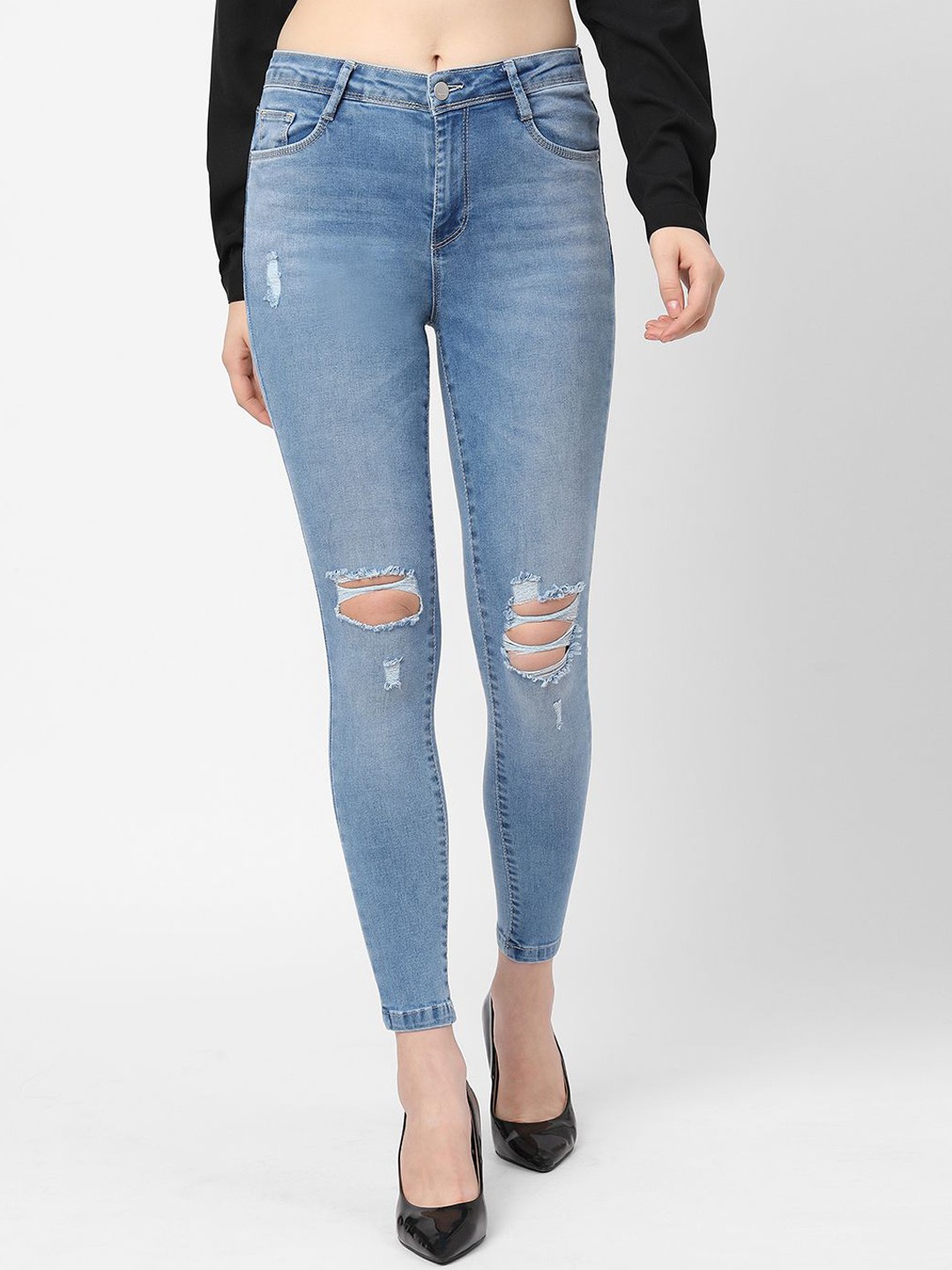 

Kraus Jeans Women Skinny Fit High-Rise Slash Knee Light Fade Jeans, Blue