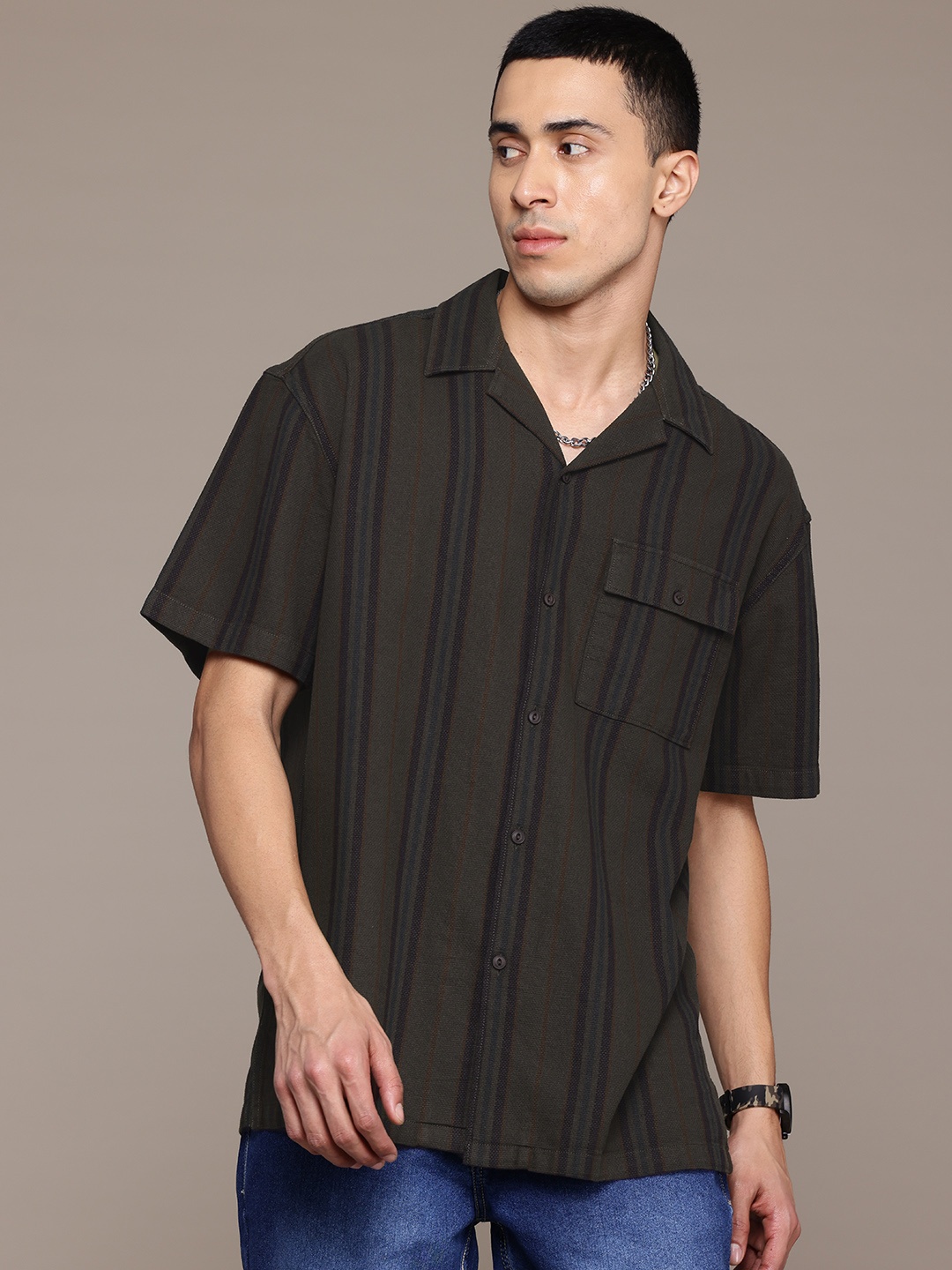 

The Roadster Lifestyle Co. Men Relaxed Striped Pure Cotton Casual Shirt, Olive