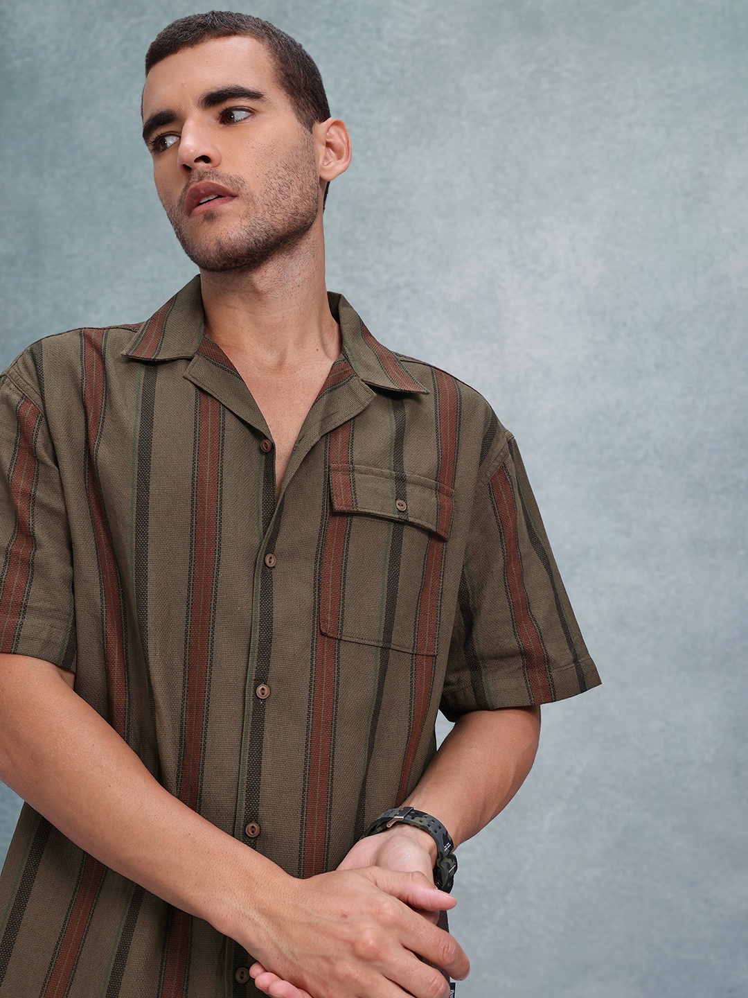 

The Roadster Lifestyle Co. Men Relaxed Striped Cuban Collar Pure Cotton Casual Shirt, Brown