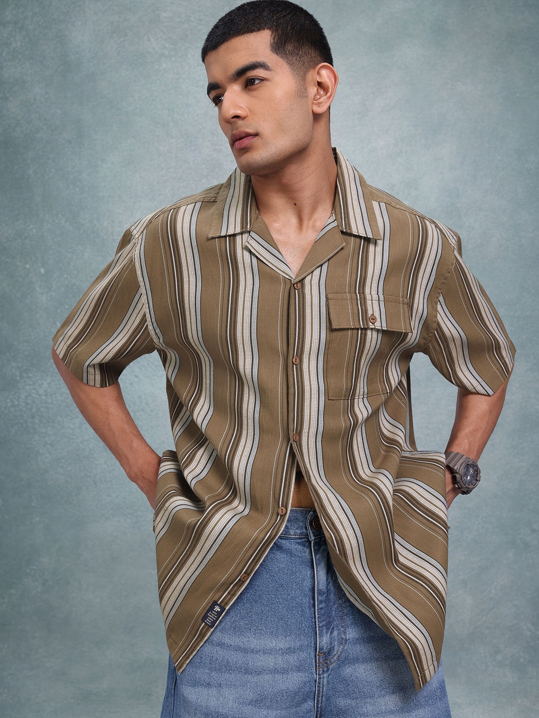 

The Roadster Lifestyle Co. Men Relaxed Striped Cuban Collar Pure Cotton Casual Shirt, Olive