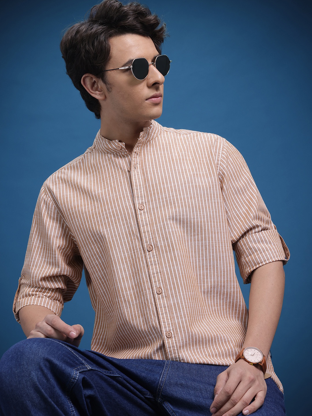 

The Roadster Lifestyle Co. Men Classic Striped Pure Cotton Casual Shirt, Khaki