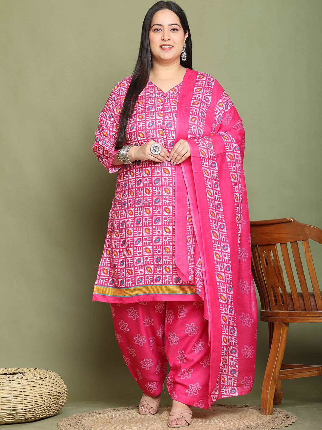 Roly Poly Plus Size Floral Printed Straight Kurta With Salwar & Dupatta, Pink