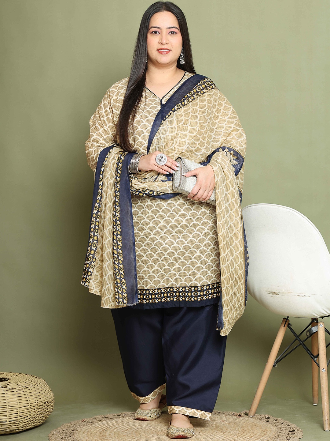 

Roly Poly Plus Size Floral Printed Straight Kurta With Salwar & Dupatta, Beige
