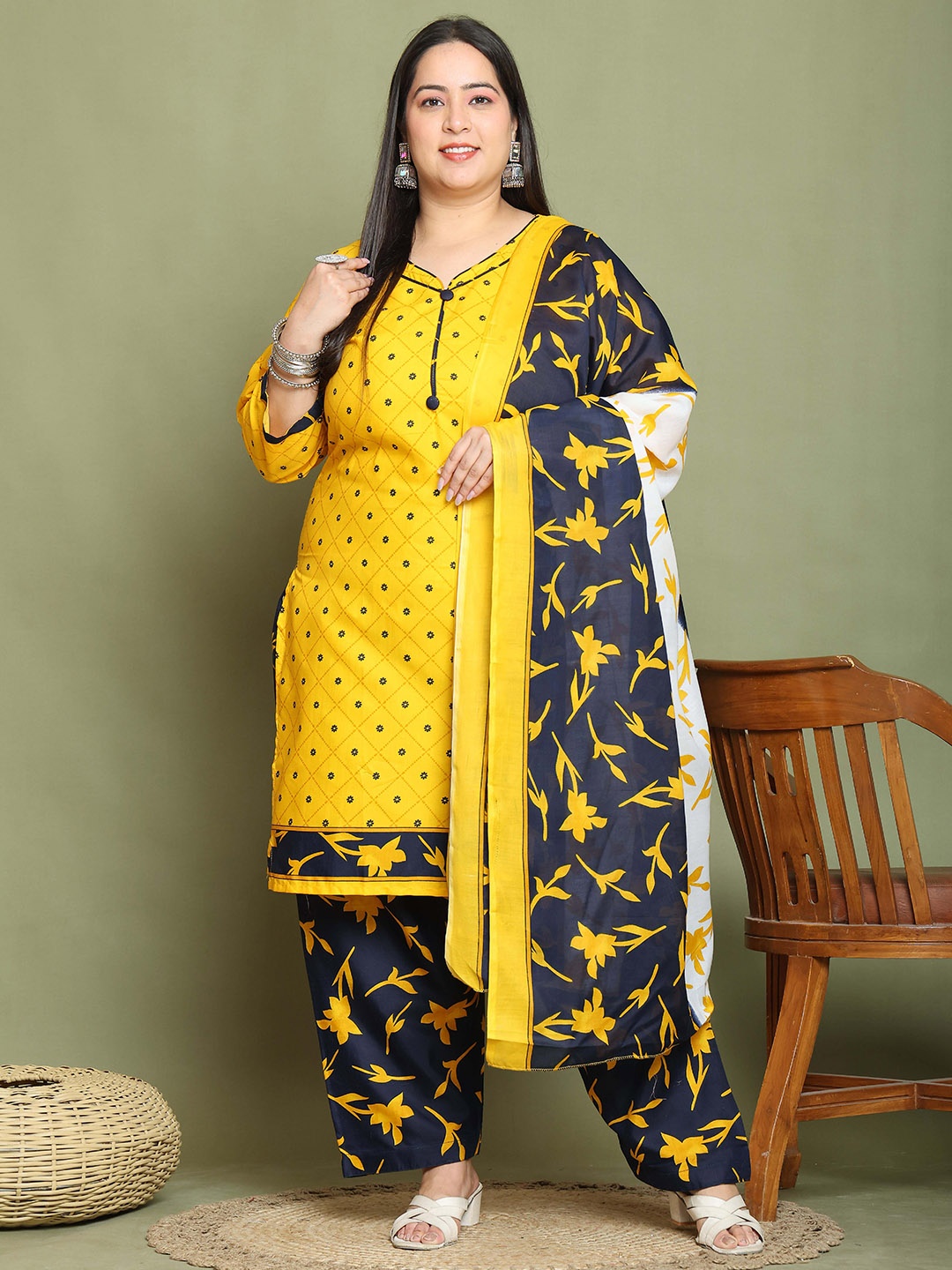 Roly Poly Plus Size Floral Printed Straight Cotton Blend Kurta With Salwar & Dupatta, Mustard