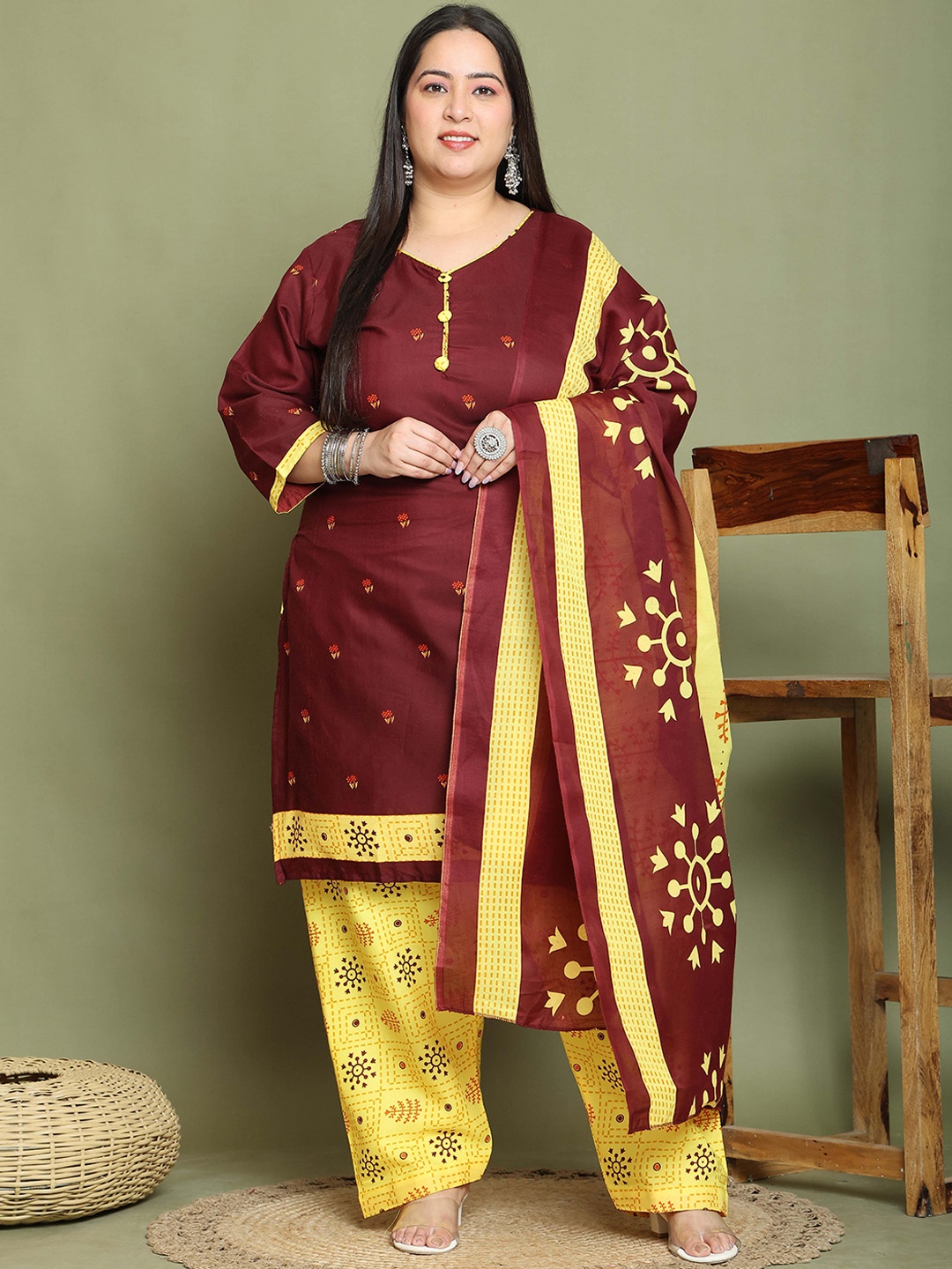 

Roly Poly Plus Size Floral Printed Straight Cotton Blend Kurta With Salwar & Dupatta, Maroon