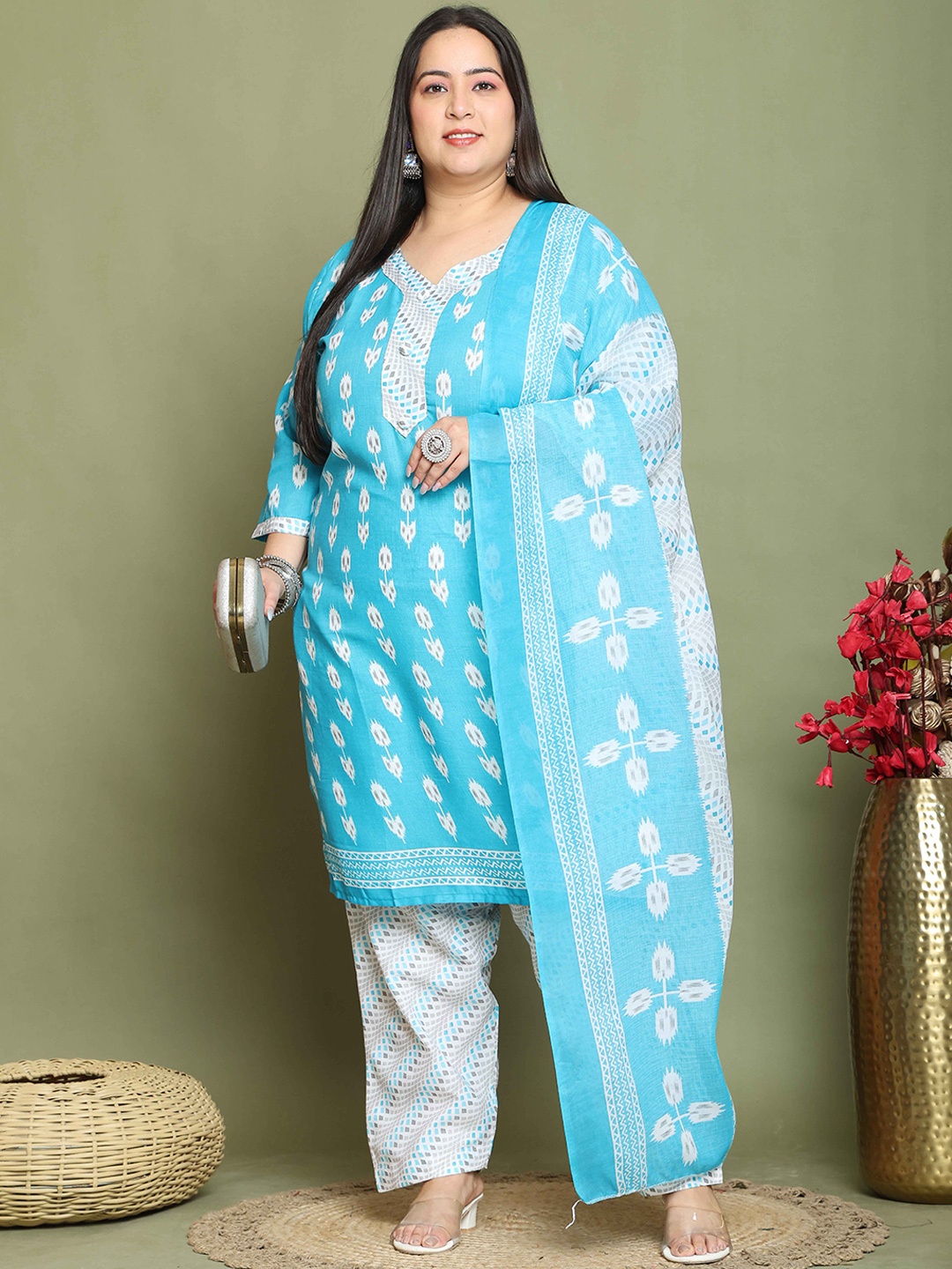 

Roly Poly Plus Size Floral Printed Straight Cotton Blend Kurta With Salwar & Dupatta, Teal