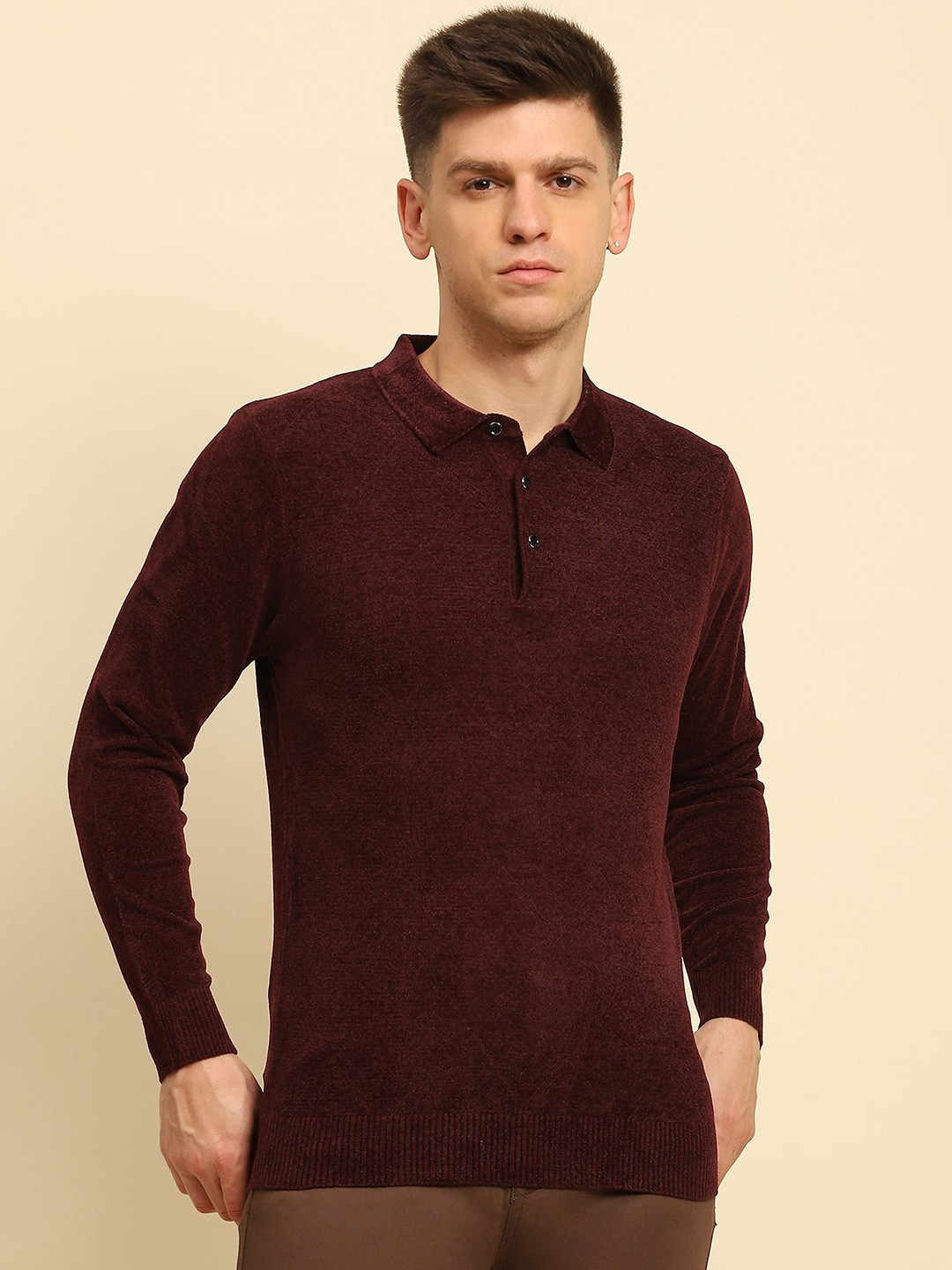 

Global Republic Men Shirt Collar Full Sleeve Velour Pullover Sweaters, Maroon