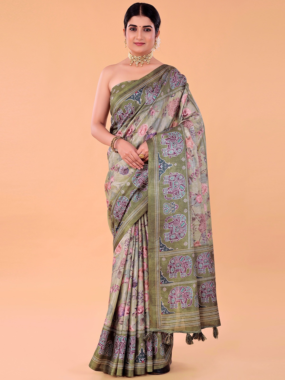 

NAAREE COLLECTION Ethnic Motifs Patola Saree, Olive