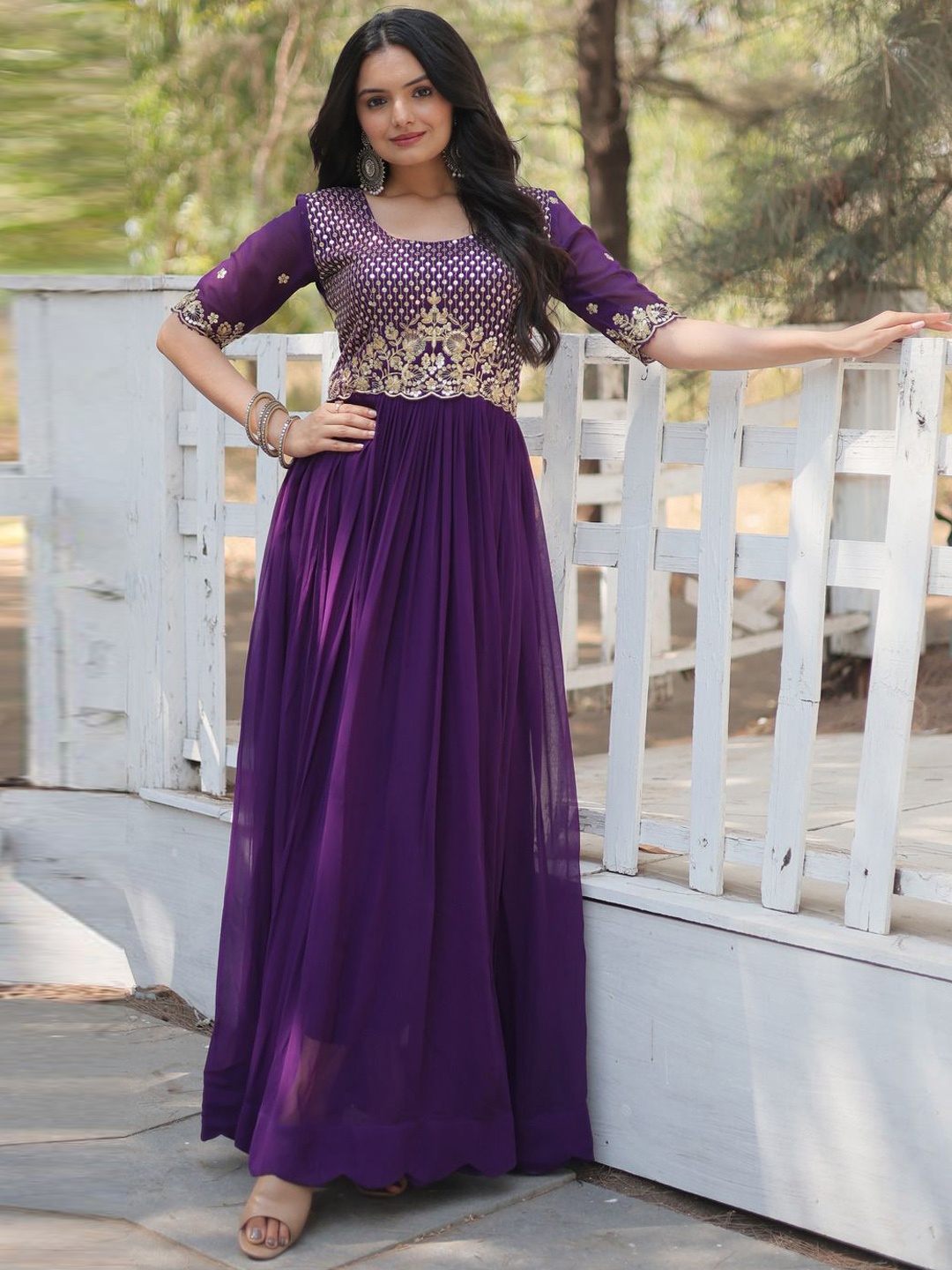 

Ethnic Yard Embroidered Sequined Detail Georgette Ethnic Maxi Dress, Purple
