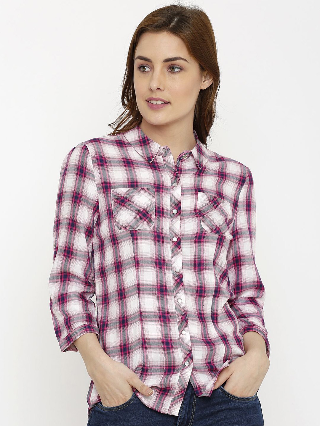 

Kraus Jeans Women Spread Collar Tartan Checked Cotton Slim Fit Casual Shirt, Pink