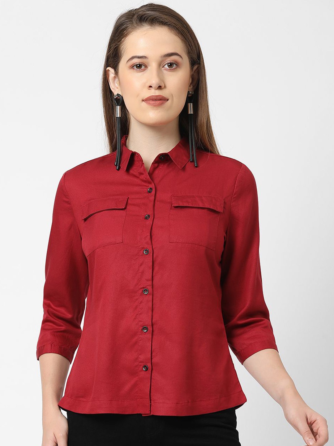 

Kraus Jeans Women Spread Collar Solid Slim Fit Casual Shirt, Red