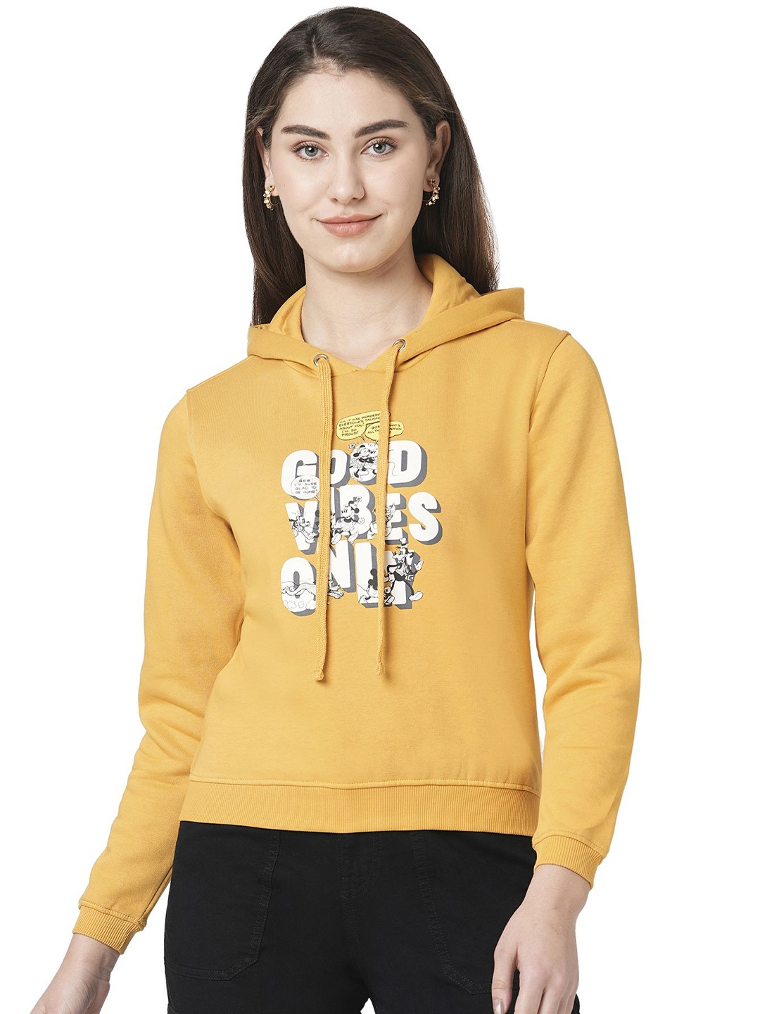 

Kraus Jeans Women Humour and Comic Printed Hooded Sweatshirt, Mustard