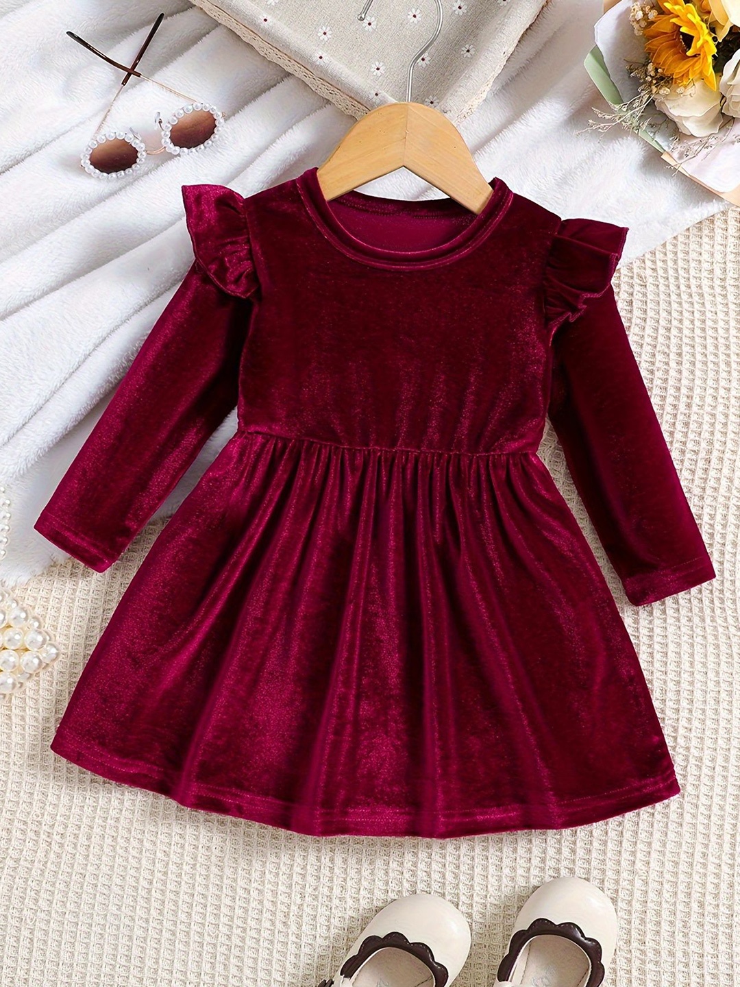 

LYTIX Girls Ruffled Velvet Fit & Flare Dress, Maroon