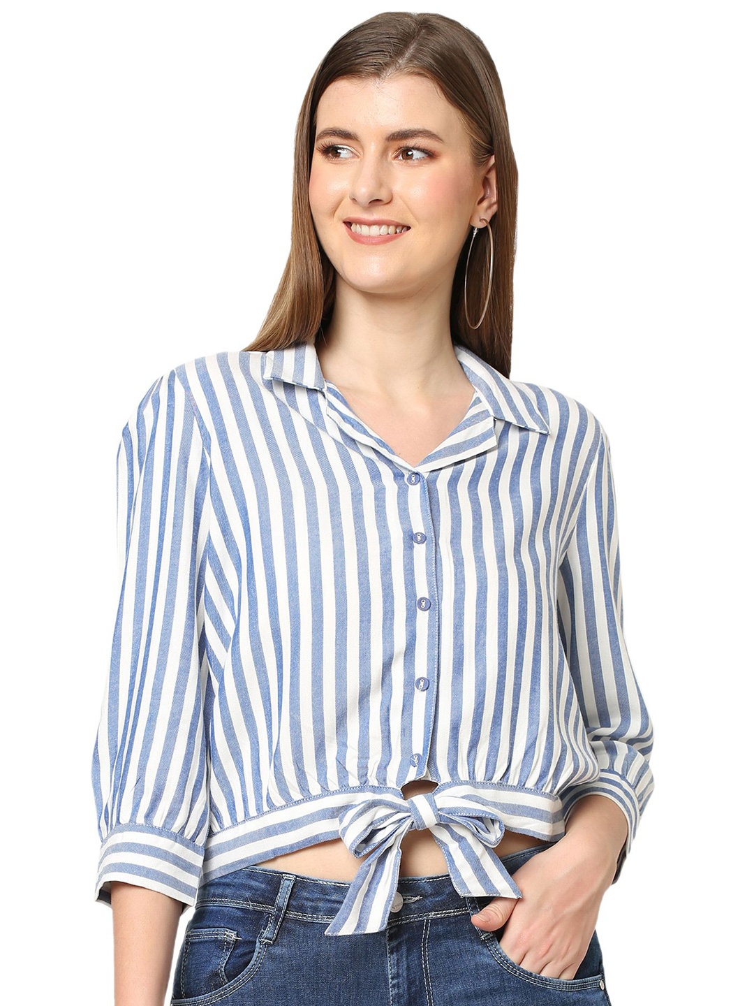 

Kraus Jeans Women Cuban Collar Vertical Striped Slim Fit Casual Shirt, White