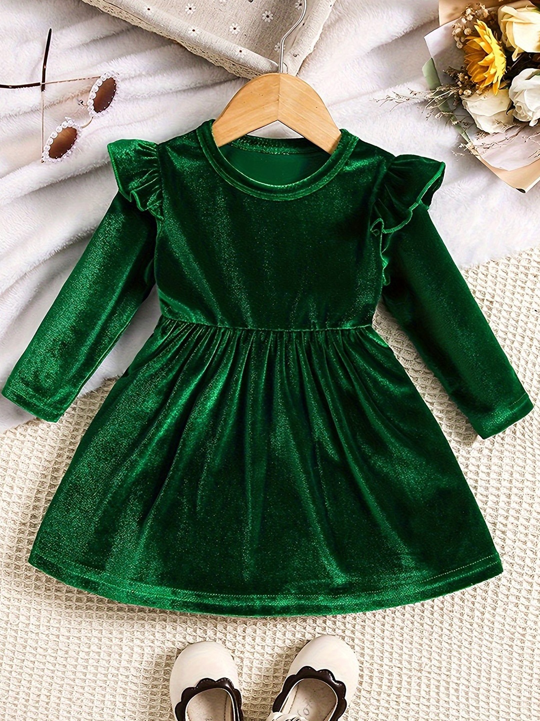 

LYTIX Girls Ruffled Velvet Fit & Flare Dress, Green