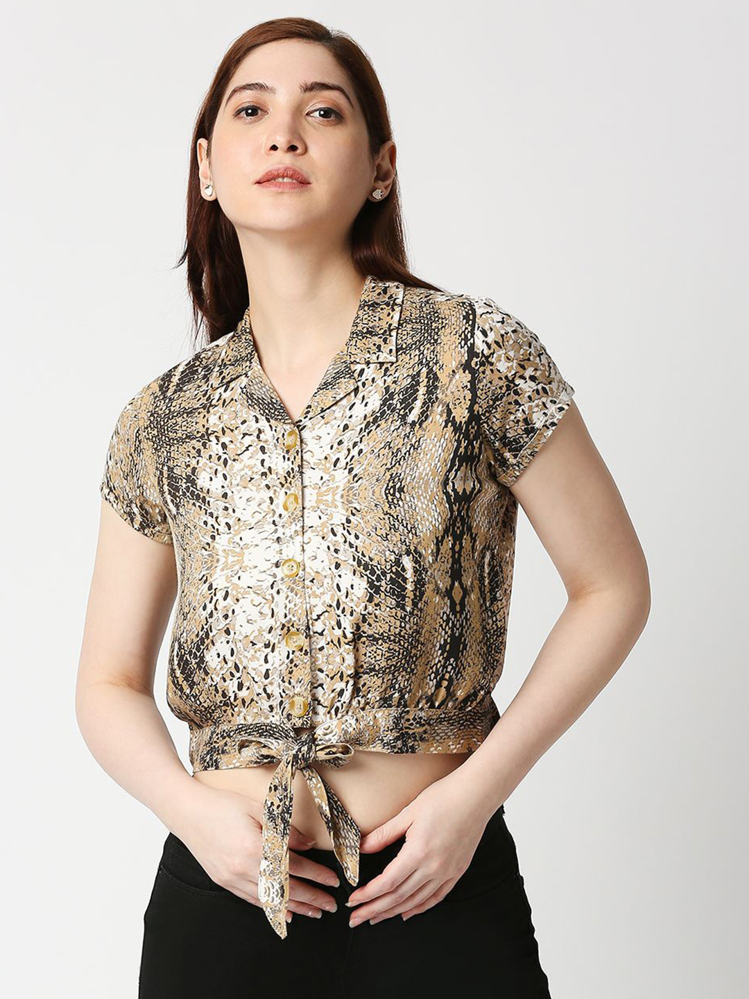 

Kraus Jeans Women Cuban Collar Animal Printed Casual Shirt, Beige