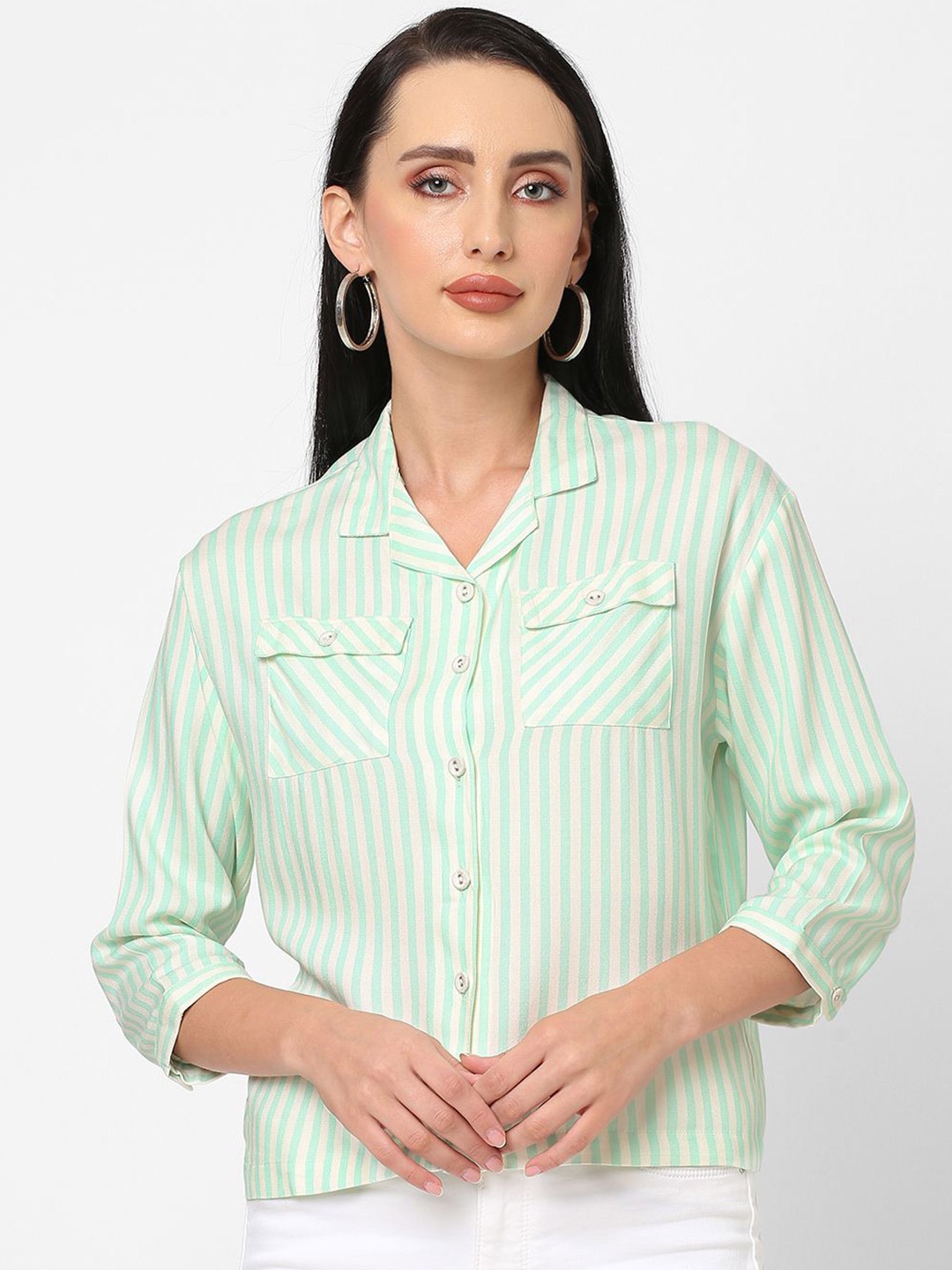 

Kraus Jeans Women Cuban Collar Vertical Striped Slim Fit Casual Shirt, White