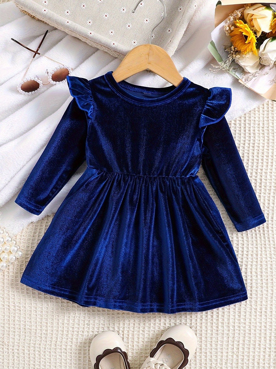 

LYTIX Girls Ruffled Velvet Fit & Flare Dress, Blue