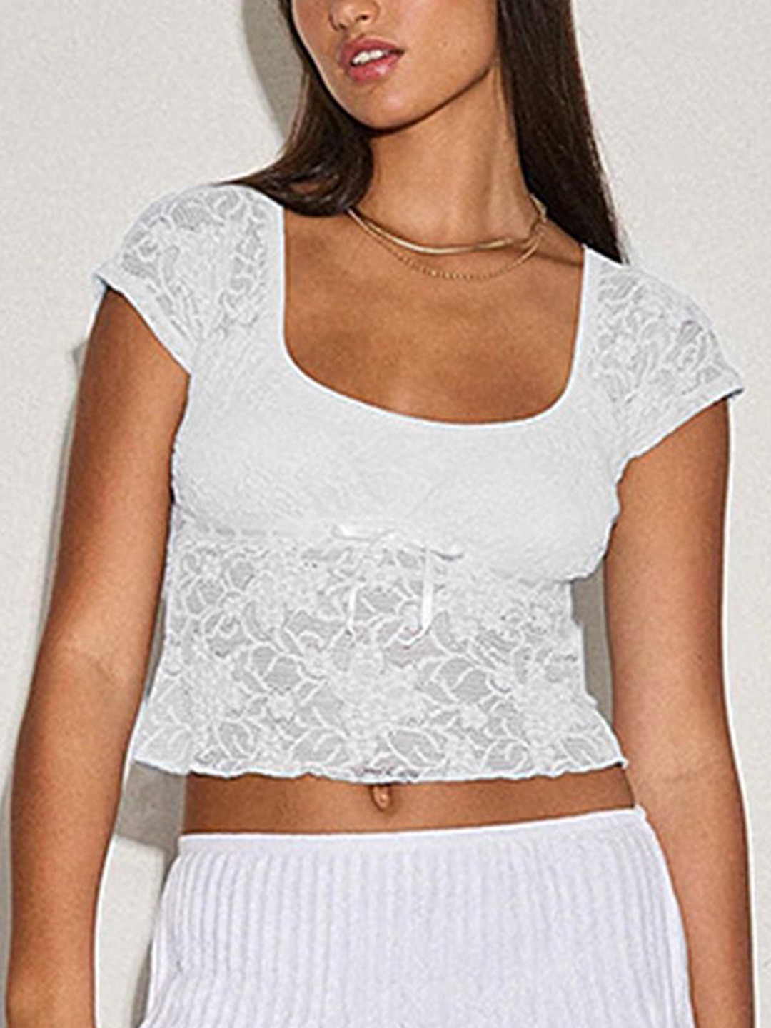 LULU & SKY Women Self Design Square Neck Cap Sleeves Fitted Crop Top, White