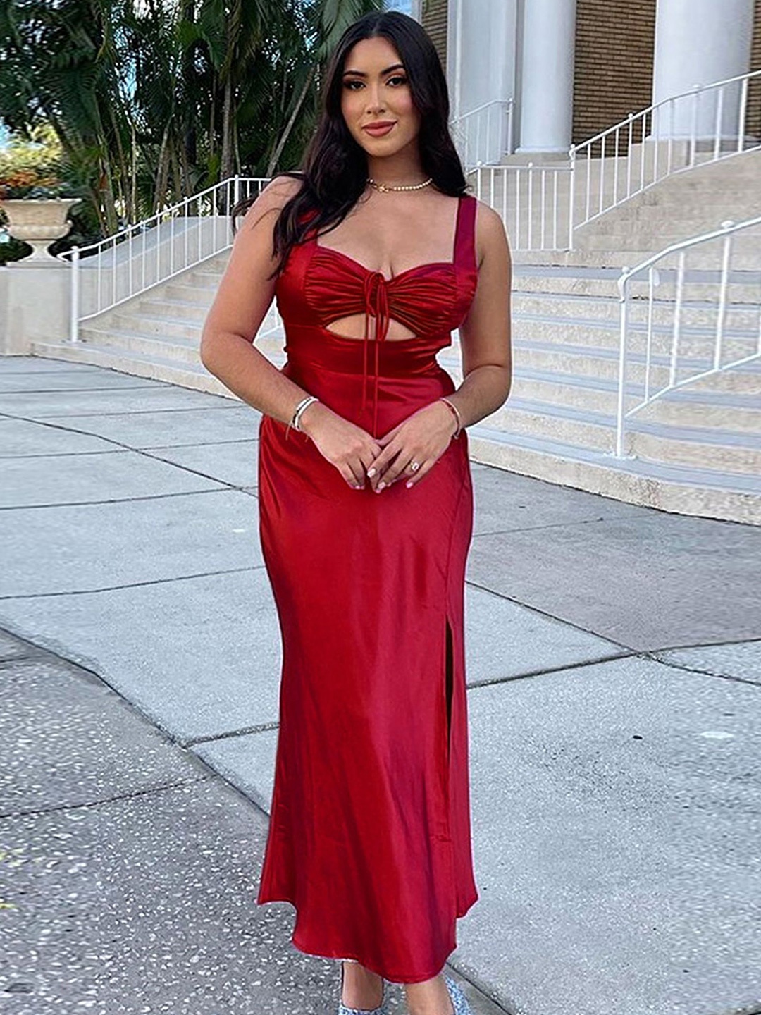 

LULU & SKY Women Shoulder Straps Cut-Outs Maxi Dress, Red