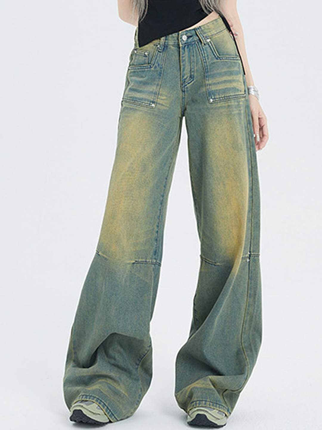 

LULU & SKY Women Straight Fit Low Distress Heavy Fade Jeans, Turquoise blue