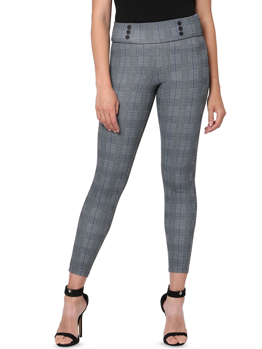 

Kraus Jeans Women Slim Fit Checked Treggings, Grey