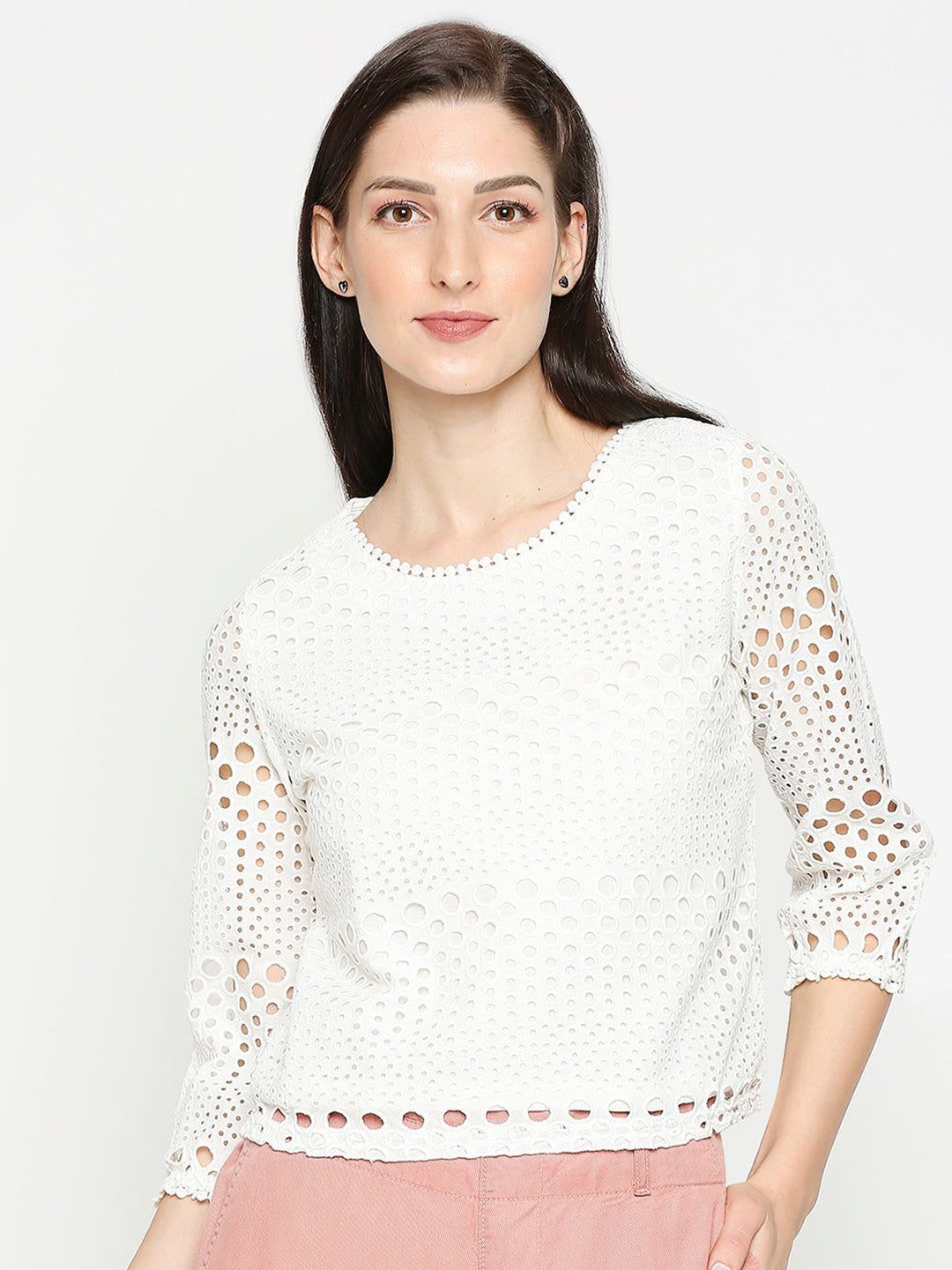 

Kraus Jeans Women Schiffli Cotton Top, Off white